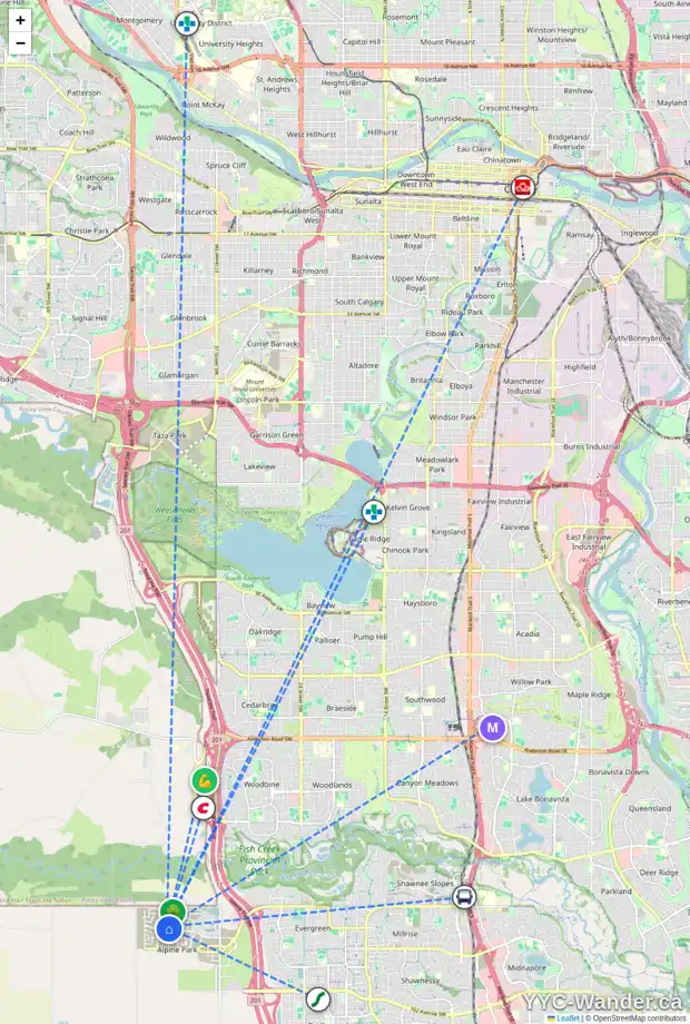 Daily accessibility map for 56 VERITY PL SW, Calgary showing nearby schools, grocery stores, parks, LRT stations and nearby amenities