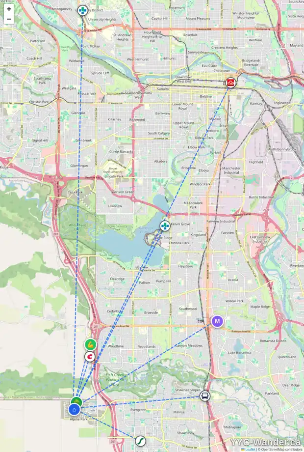 Daily accessibility map for 58 VERITY MR SW, Calgary showing nearby schools, grocery stores, parks, LRT stations and nearby amenities