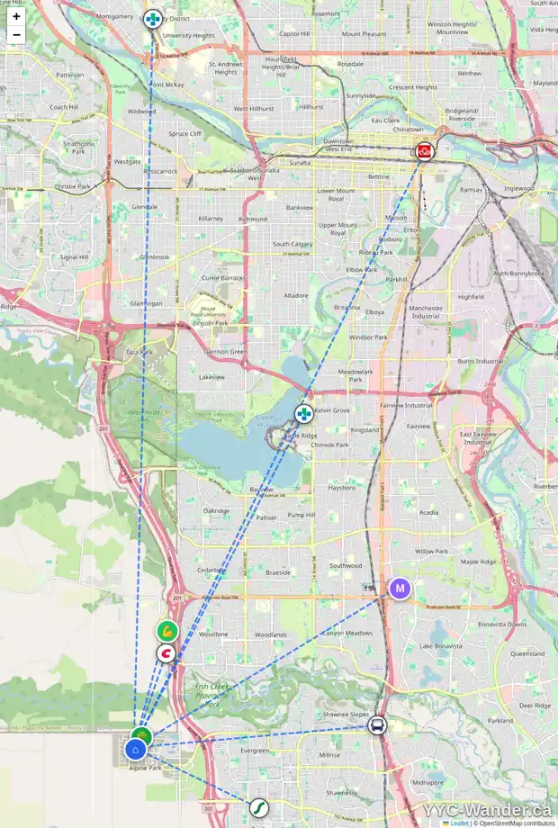 Daily accessibility map for 57 VERITY MR SW, Calgary showing nearby schools, grocery stores, parks, LRT stations and nearby amenities