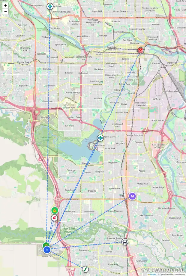 Daily accessibility map for 4 VERITY PL SW, Calgary showing nearby schools, grocery stores, parks, LRT stations and nearby amenities