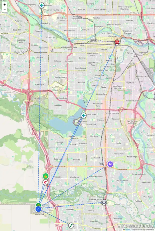 Daily accessibility map for 32 VERITY PL SW, Calgary showing nearby schools, grocery stores, parks, LRT stations and nearby amenities