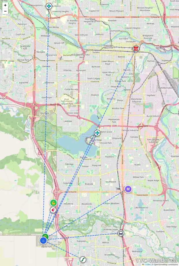 Daily accessibility map for 65 VERITY MR SW, Calgary showing nearby schools, grocery stores, parks, LRT stations and nearby amenities