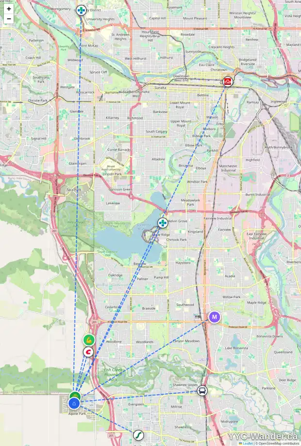 Daily accessibility map for 40 VERITY PL SW, Calgary showing nearby schools, grocery stores, parks, LRT stations and nearby amenities