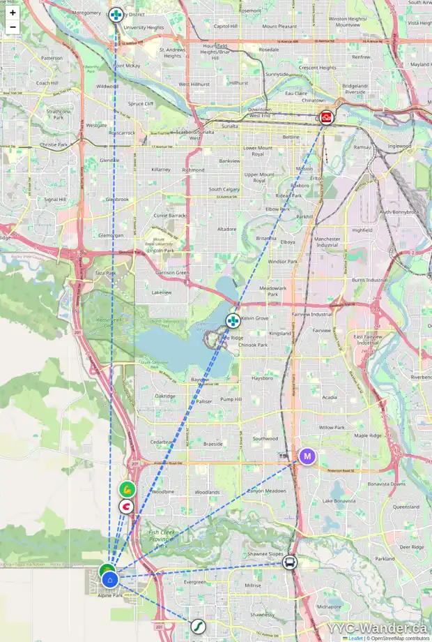Daily accessibility map for 66 VERITY LD SW, Calgary showing nearby schools, grocery stores, parks, LRT stations and nearby amenities
