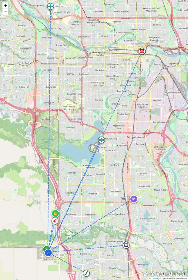 Daily accessibility map for 874 BLUEROCK WY SW, Calgary showing nearby schools, grocery stores, parks, LRT stations and nearby amenities
