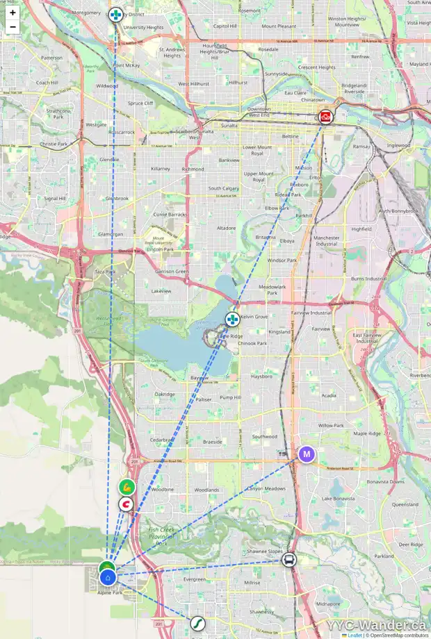 Daily accessibility map for 162 VERITY MR SW, Calgary showing nearby schools, grocery stores, parks, LRT stations and nearby amenities