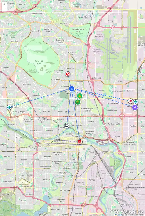 Daily accessibility map for 1 4205 2 ST NW, Calgary showing nearby schools, grocery stores, parks, LRT stations and nearby amenities
