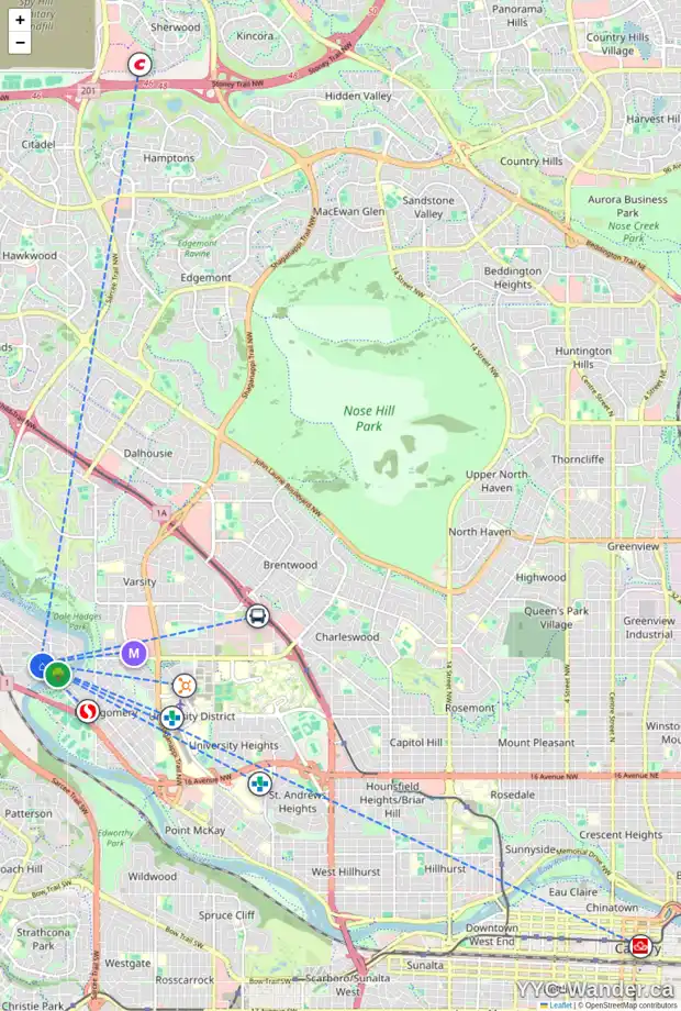 Daily accessibility map for 6212 31 AV NW, Calgary showing nearby schools, grocery stores, parks, LRT stations and nearby amenities
