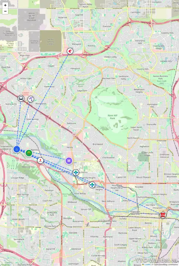 Daily accessibility map for 8563 33 AV NW, Calgary showing nearby schools, grocery stores, parks, LRT stations and nearby amenities