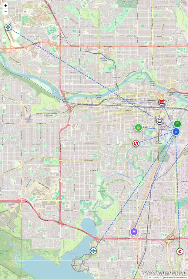 Daily accessibility map for 1925 6 ST SE, Calgary showing nearby schools, grocery stores, parks, LRT stations and nearby amenities