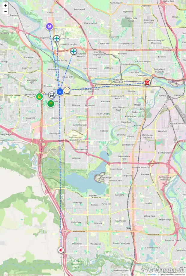 Daily accessibility map for 1426 41 ST SW, Calgary showing nearby schools, grocery stores, parks, LRT stations and nearby amenities