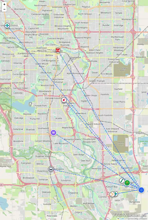 Daily accessibility map for 96 MAGNOLIA CR SE, Calgary showing nearby schools, grocery stores, parks, LRT stations and nearby amenities