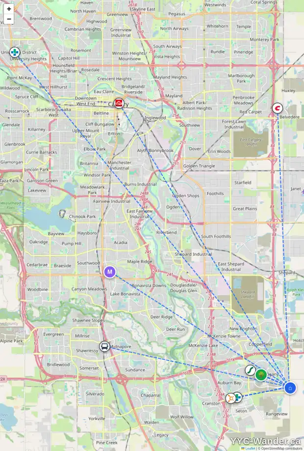 Daily accessibility map for 48 MAGNOLIA CR SE, Calgary showing nearby schools, grocery stores, parks, LRT stations and nearby amenities