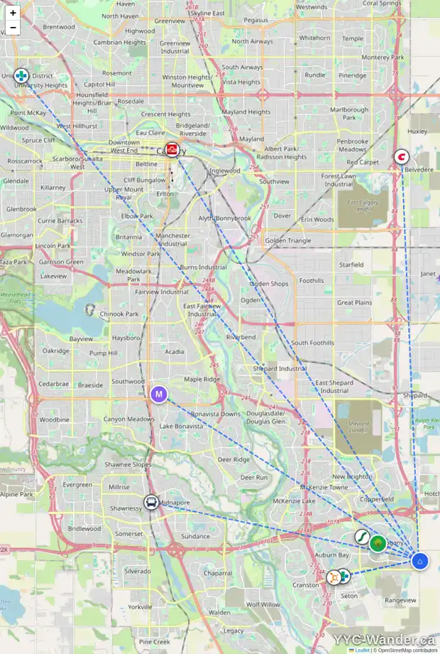 Daily accessibility map for 98 MAGNOLIA CO SE, Calgary showing nearby schools, grocery stores, parks, LRT stations and nearby amenities