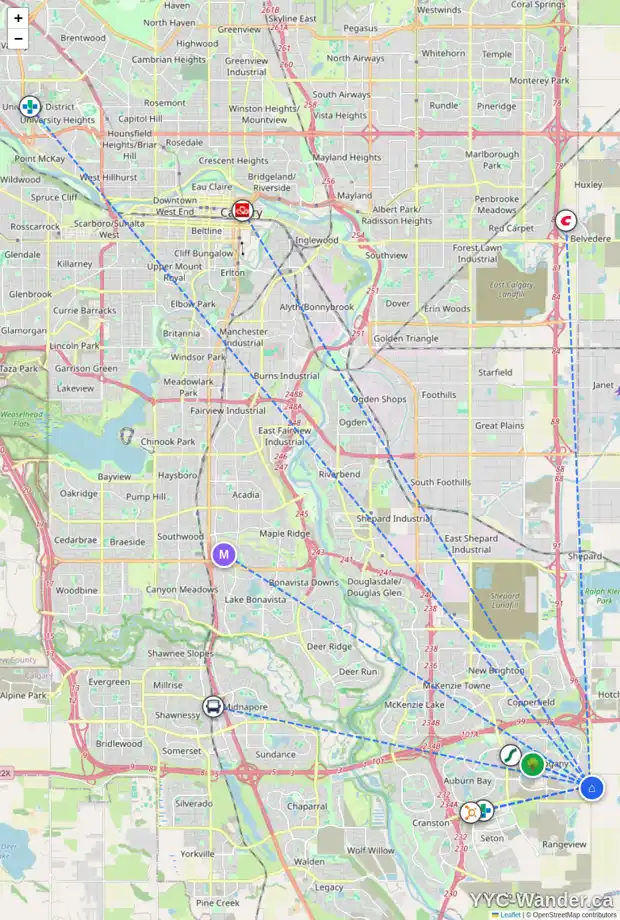 Daily accessibility map for 86 MAGNOLIA CO SE, Calgary showing nearby schools, grocery stores, parks, LRT stations and nearby amenities