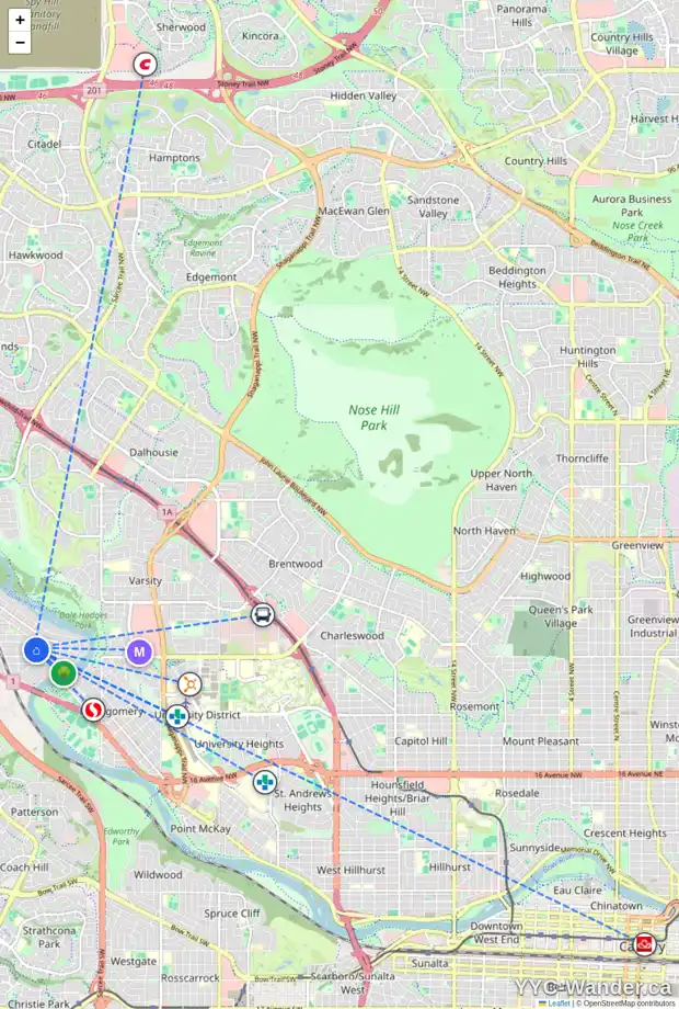 Daily accessibility map for 6332 33 AV NW, Calgary showing nearby schools, grocery stores, parks, LRT stations and nearby amenities