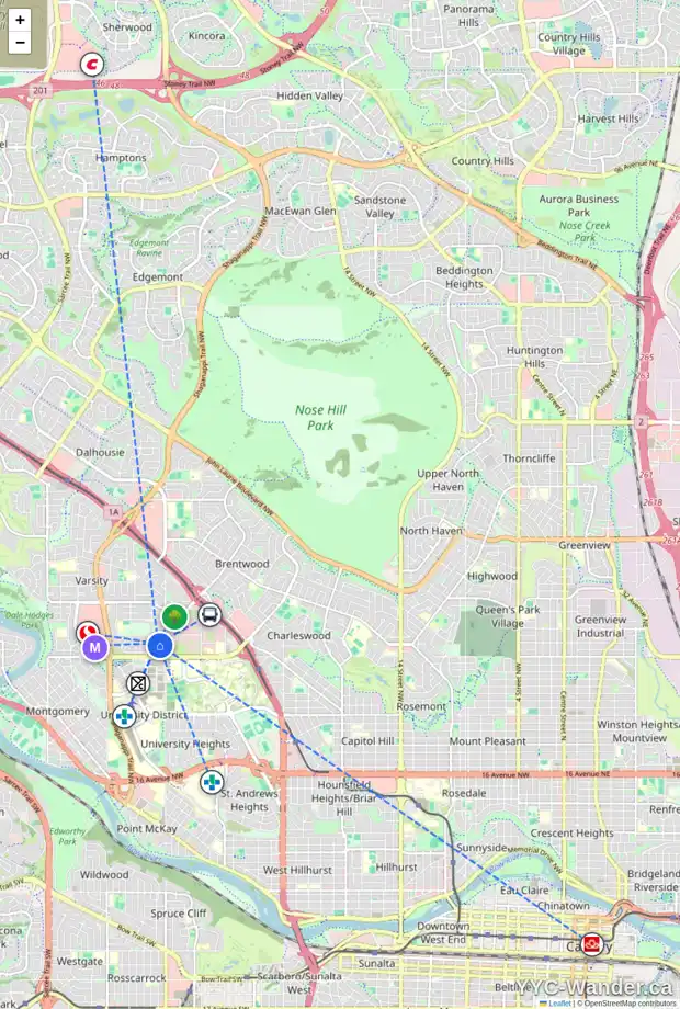 Daily accessibility map for 20 VARBROOK PL NW, Calgary showing nearby schools, grocery stores, parks, LRT stations and nearby amenities