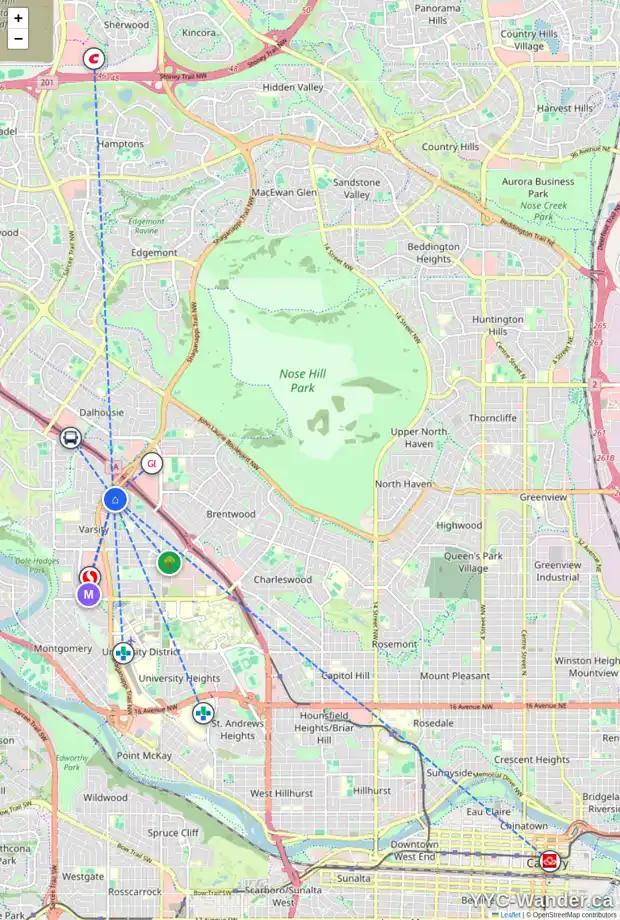 Daily accessibility map for 4807 VERONA DR NW, Calgary showing nearby schools, grocery stores, parks, LRT stations and nearby amenities