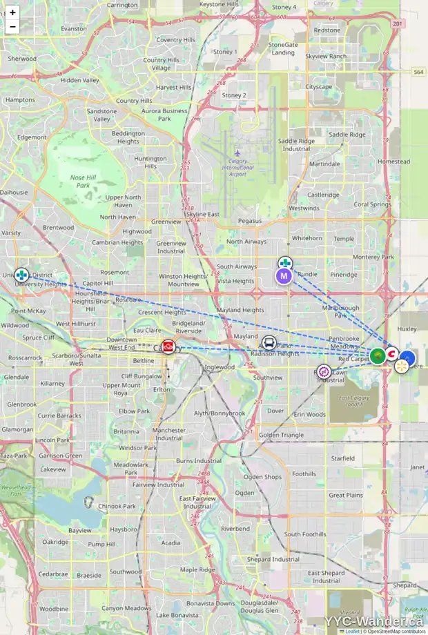 Daily accessibility map for 219 65 BELVEDERE PT SE, Calgary showing nearby schools, grocery stores, parks, LRT stations and nearby amenities