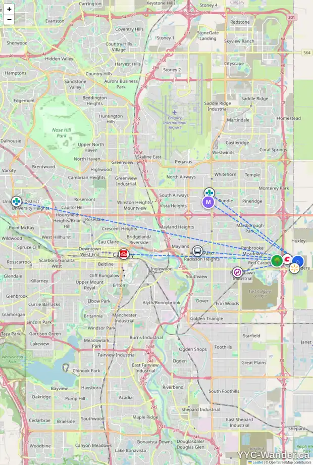 Daily accessibility map for 77 BELVEDERE DR SE, Calgary showing nearby schools, grocery stores, parks, LRT stations and nearby amenities