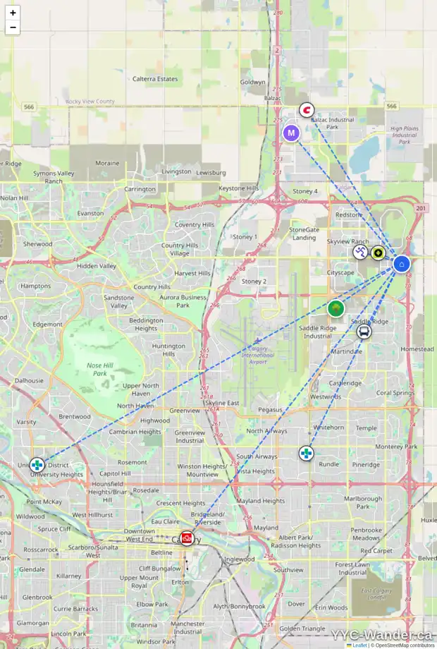 Daily accessibility map for 38 CORNER MEADOWS GV NE, Calgary showing nearby schools, grocery stores, parks, LRT stations and nearby amenities