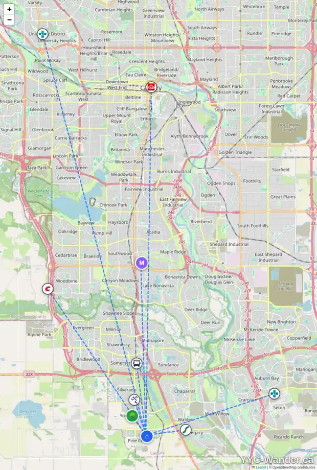Daily accessibility map for 253 CREEKSIDE BV SW, Calgary showing nearby schools, grocery stores, parks, LRT stations and nearby amenities