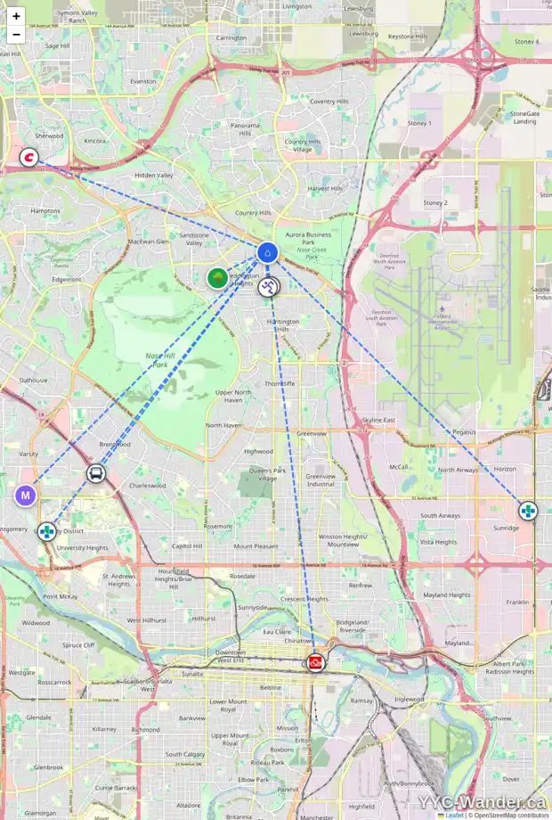 Daily accessibility map for 12 BERNARD CL NW, Calgary showing nearby schools, grocery stores, parks, LRT stations and nearby amenities