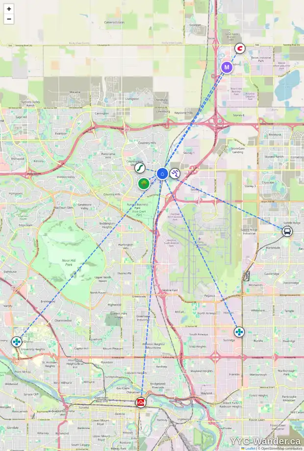 Daily accessibility map for 320 360 HARVEST HILLS WY NE, Calgary showing nearby schools, grocery stores, parks, LRT stations and nearby amenities