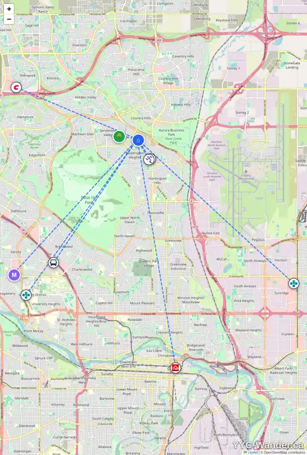 Daily accessibility map for 164 BERNARD DR NW, Calgary showing nearby schools, grocery stores, parks, LRT stations and nearby amenities