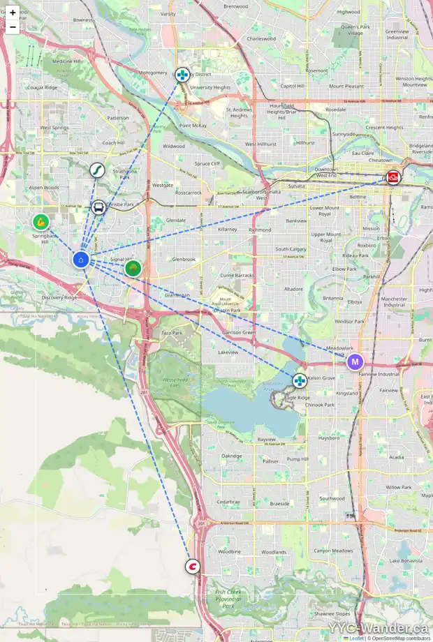 Daily accessibility map for 71 ELMONT DR SW, Calgary showing nearby schools, grocery stores, parks, LRT stations and nearby amenities