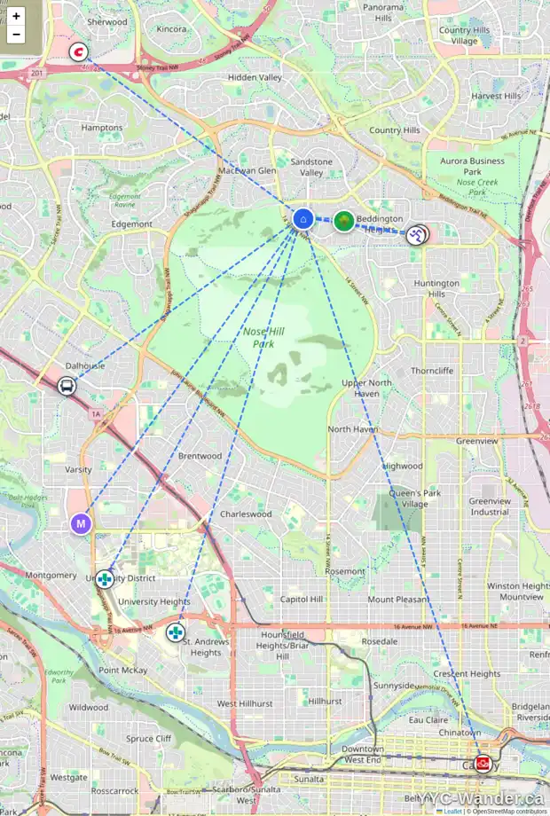 Daily accessibility map for 12 BEACONSFIELD WY NW, Calgary showing nearby schools, grocery stores, parks, LRT stations and nearby amenities