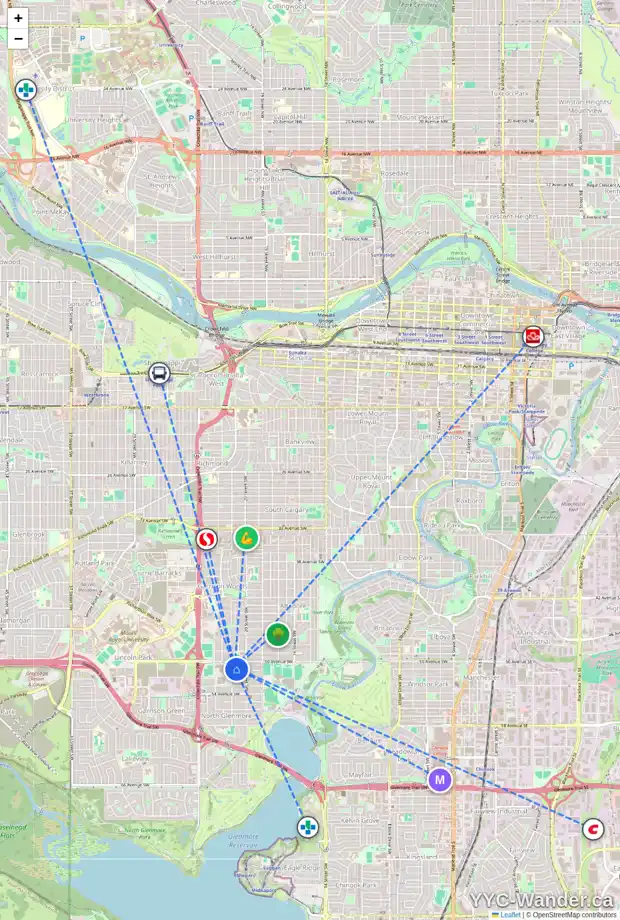 Daily accessibility map for 2138 51 AV SW, Calgary showing nearby schools, grocery stores, parks, LRT stations and nearby amenities