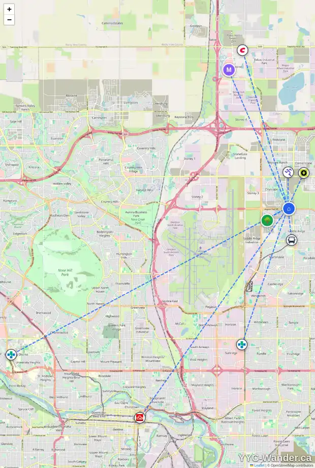 Daily accessibility map for 63 CITYLINE PT NE, Calgary showing nearby schools, grocery stores, parks, LRT stations and nearby amenities