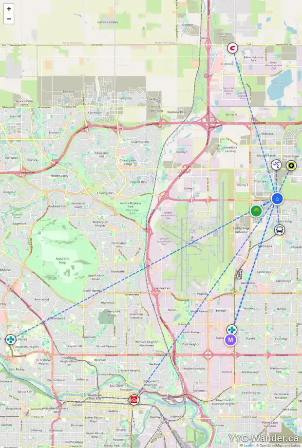 Daily accessibility map for 68 CITYLINE PT NE, Calgary showing nearby schools, grocery stores, parks, LRT stations and nearby amenities