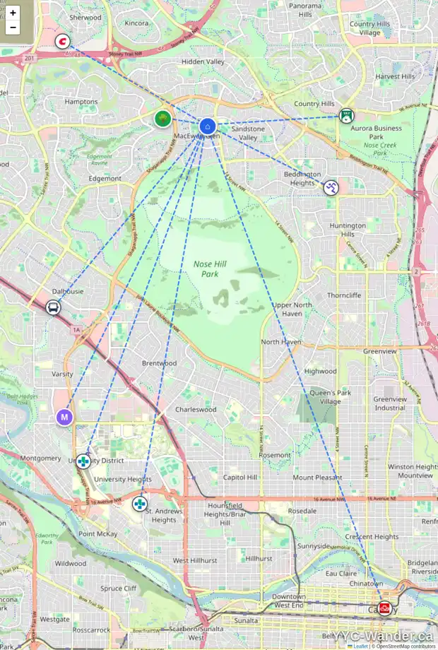 Daily accessibility map for 27 MACEWAN MEADOW RI NW, Calgary showing nearby schools, grocery stores, parks, LRT stations and nearby amenities
