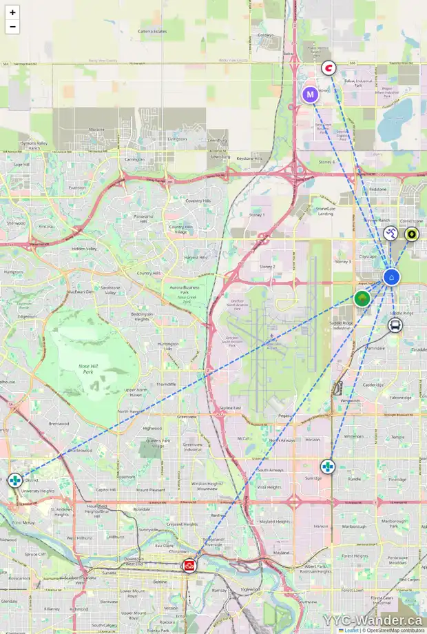 Daily accessibility map for 7 CITYLINE HE NE, Calgary showing nearby schools, grocery stores, parks, LRT stations and nearby amenities