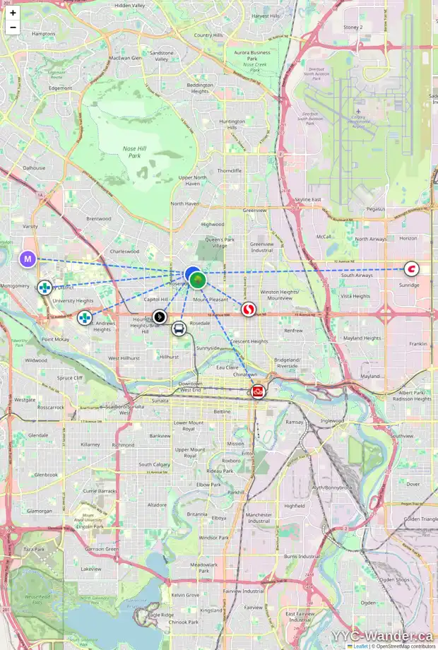 Daily accessibility map for 3019 10 ST NW, Calgary showing nearby schools, grocery stores, parks, LRT stations and nearby amenities