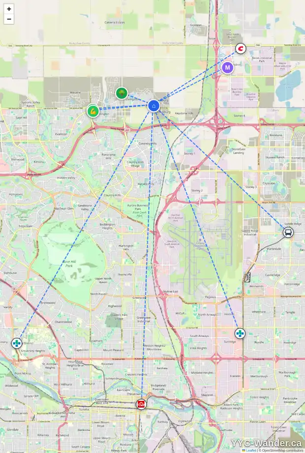 Daily accessibility map for 280 CALHOUN CM NE, Calgary showing nearby schools, grocery stores, parks, LRT stations and nearby amenities