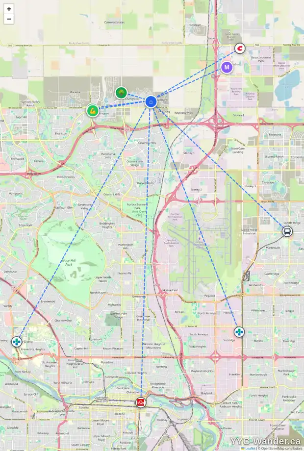 Daily accessibility map for 499 LIVINGSTON WY NE, Calgary showing nearby schools, grocery stores, parks, LRT stations and nearby amenities