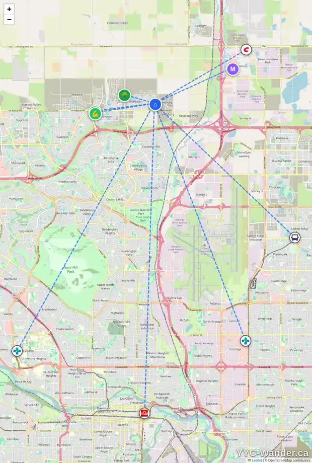 Daily accessibility map for 487 LIVINGSTON WY NE, Calgary showing nearby schools, grocery stores, parks, LRT stations and nearby amenities