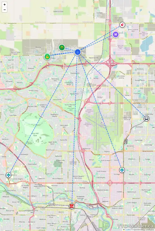 Daily accessibility map for 455 LIVINGSTON WY NE, Calgary showing nearby schools, grocery stores, parks, LRT stations and nearby amenities