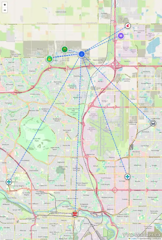 Daily accessibility map for 427 LIVINGSTON WY NE, Calgary showing nearby schools, grocery stores, parks, LRT stations and nearby amenities
