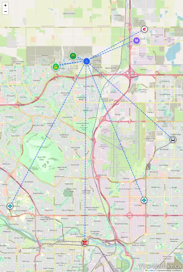 Daily accessibility map for 8 CALHOUN VW NE, Calgary showing nearby schools, grocery stores, parks, LRT stations and nearby amenities