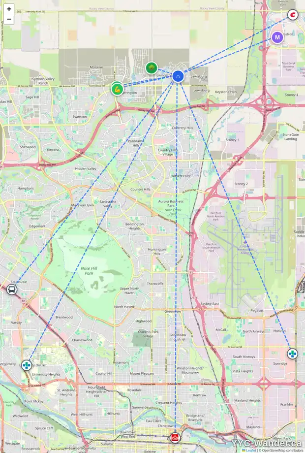 Daily accessibility map for 27 CALHOUN VW NE, Calgary showing nearby schools, grocery stores, parks, LRT stations and nearby amenities