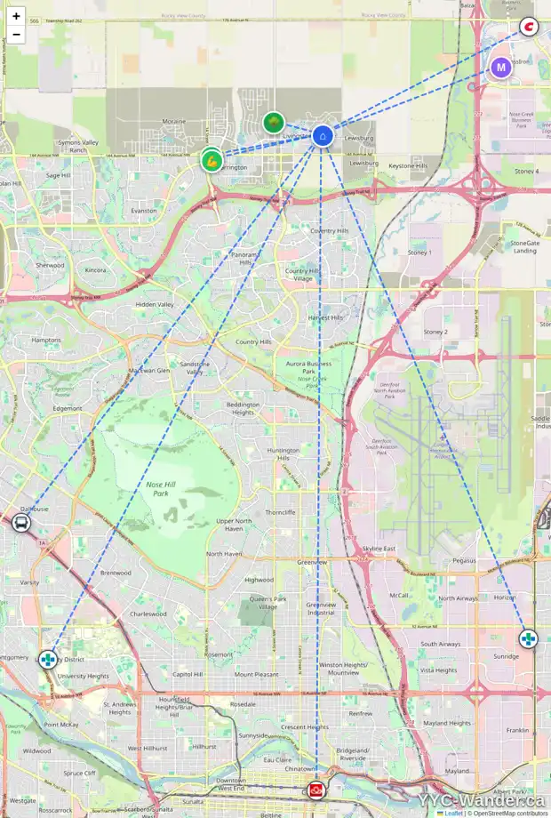 Daily accessibility map for 81 CALHOUN VW NE, Calgary showing nearby schools, grocery stores, parks, LRT stations and nearby amenities