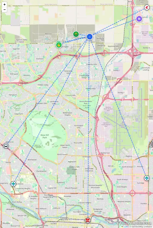Daily accessibility map for 87 CALHOUN HL NE, Calgary showing nearby schools, grocery stores, parks, LRT stations and nearby amenities