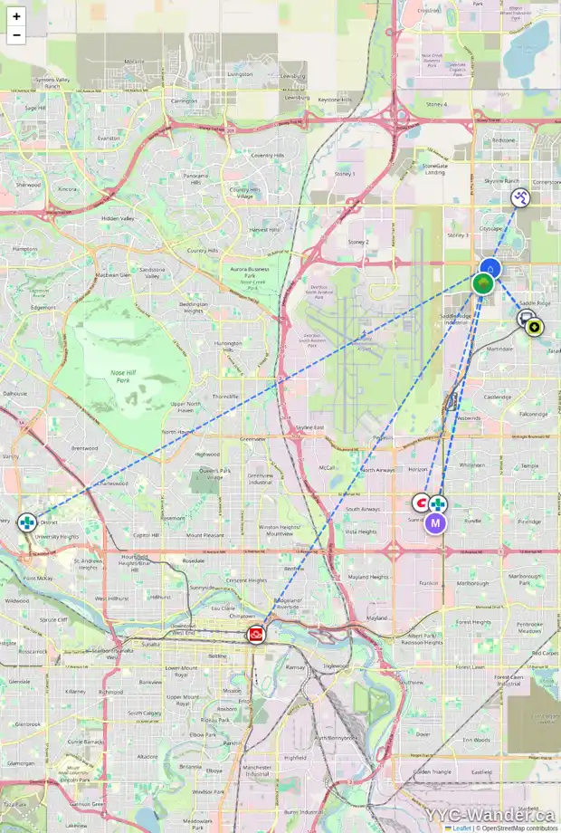 Daily accessibility map for 183 SAVANNA GD NE, Calgary showing nearby schools, grocery stores, parks, LRT stations and nearby amenities