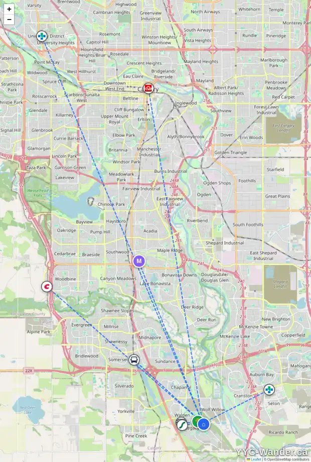 Daily accessibility map for 63 WALGROVE CM SE, Calgary showing nearby schools, grocery stores, parks, LRT stations and nearby amenities