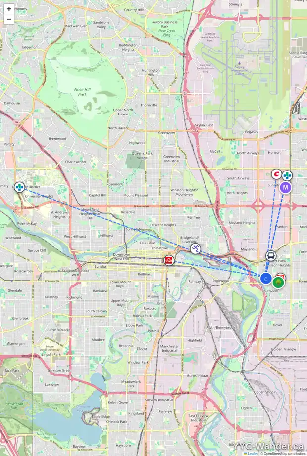 Daily accessibility map for 2707 15 AV SE, Calgary showing nearby schools, grocery stores, parks, LRT stations and nearby amenities