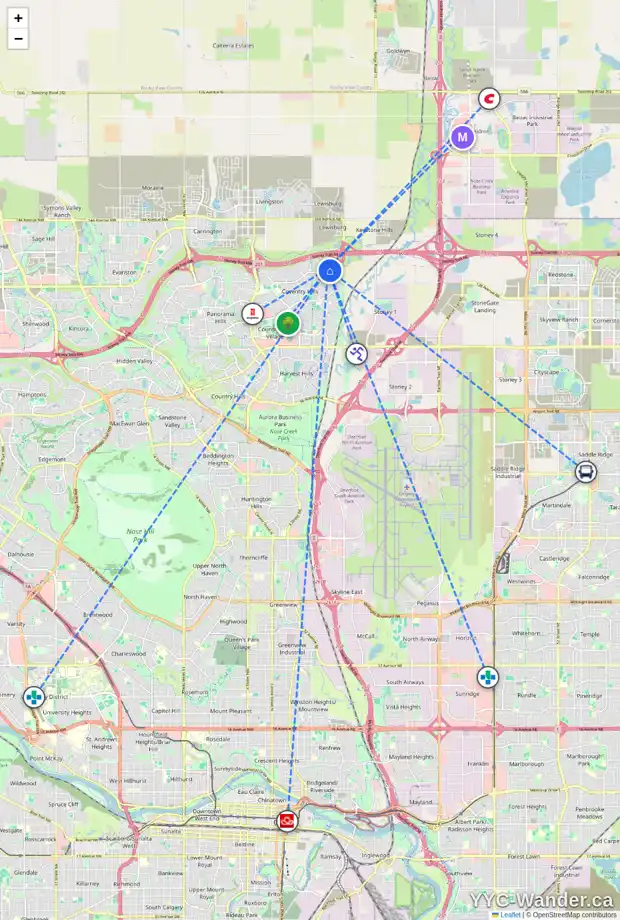 Daily accessibility map for 58 COVILLE CI NE, Calgary showing nearby schools, grocery stores, parks, LRT stations and nearby amenities